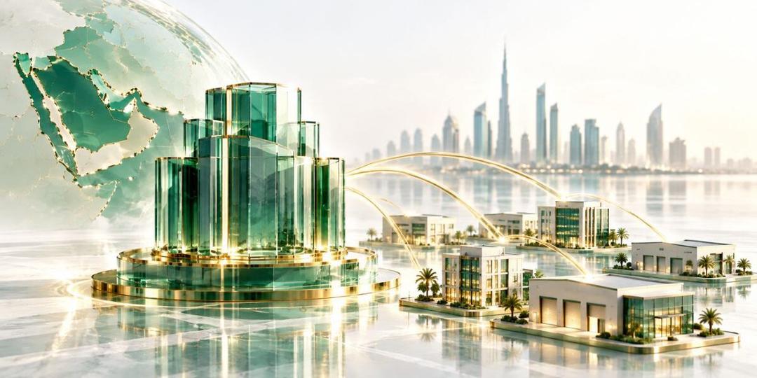 Emerald glass investment structure connected by golden financial pathways to GCC businesses, representing tokenized private credit financing for SMEs.