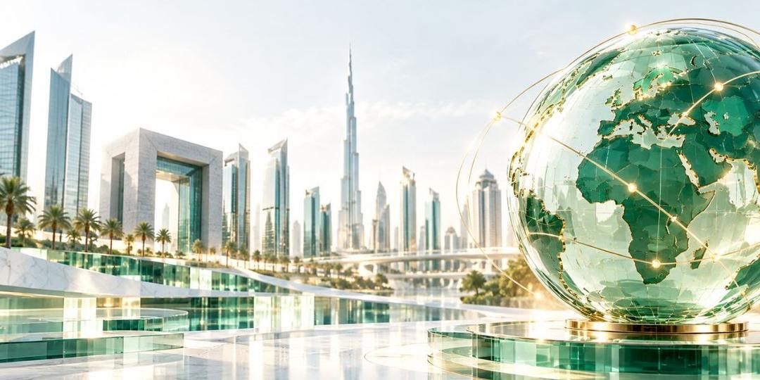 Emerald glass globe with gold connections overlooking Dubai’s DIFC financial district skyline, symbolizing the global expansion of Shariah-aligned digital assets.